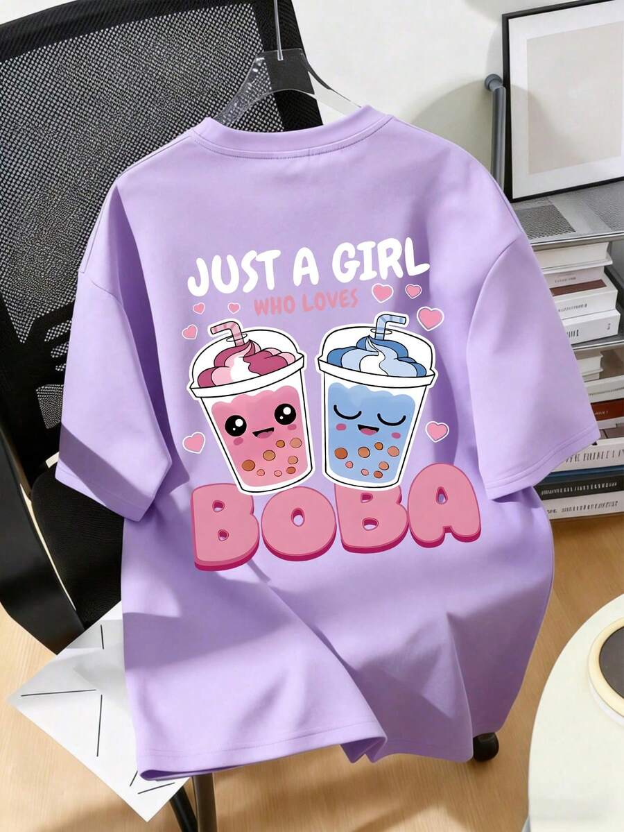 Kaos Bergambar Teh Susu Mutiara yang Lucu & Menggemaskan, Cocok untuk Musim Semi/Panas, Remaja Putri - Mauve Purple - View 1