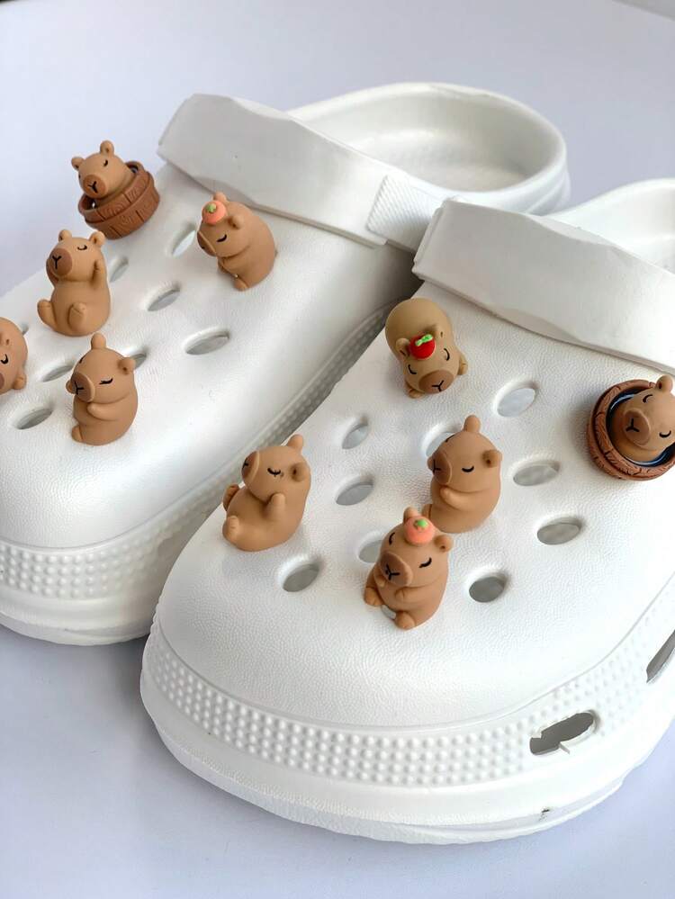 5pcs/10pcs Capybara Shoe Charms, Cartoon Animal Plastic Shoe Decorations, Suitable For Beach, Vacation, And Daily Wear, Cute, Simple, Fashionable, Versatile Shoe Accessories, DIY Shoe Decor, Hollow Out Clogs Charms, Suitable For Students, Nurses, Gifts - Brown - View 6