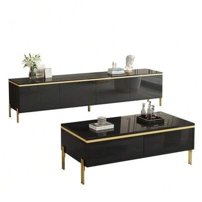 Modern Luxury TV Cabinet And Coffee Table Set, High-Gloss Solid Color Surface, Gold Edges, Generous Storage Space