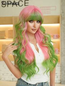 7JHH WIGS 渐变粉色到绿色假发，宽松超长波浪假发，女士30英寸合成波浪卷发假发，带刘海，柔软高品质耐热纤维发丝，全机染假发，适用于万圣节、角色扮演、音乐节、主题派对和庆祝活动。 - 漸層粉紅色 - 查看 6