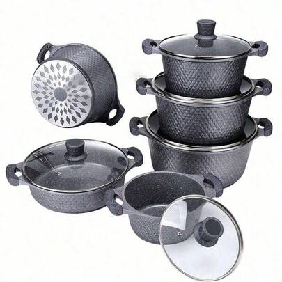 Bộ nồi chảo chống dính 10 món, bao gồm nồi nấu nước sốt và chảo rán, phù hợp với bếp ga, bếp từ và lò nướng. Lý tưởng cho Lễ Tạ ơn, Giáng sinh, các buổi họp mặt gia đình, bữa ăn gia đình và sử dụng hàng ngày.