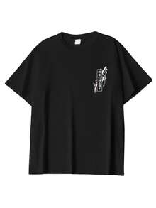 Men's Crew Neck Short-Sleeved Loose T-Shirt, 100% Cotton, Japanese Bushido Cherry Blossom Print, Spring/Summer Casual, Street Style, Travel Wear, For Brothers Styles, Holiday Leisurewear, Office/Restroom/Home/Outdoor Sports/Retro Style/Simple And Fun Design, All-Season, Sporty, Movie/Anime Elements, Youth, Unisex, 80s Retro Movies, 90s/Y2K Style, Lightweight Retro, Holiday Theme. - Black - View 4