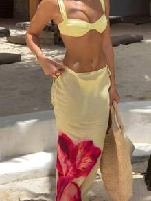 春夏新款柠檬黄优雅性感休闲沙滩度假派对三件套比基尼：钢圈抹胸上衣 + 渐变印花长裙 - 彩色 - 查看 6