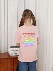 Tween Girls' Casual Funny Print Crew Neck Short Sleeve T-Shirt, Summer Top - Pink - View 2