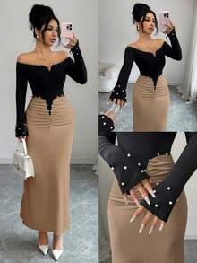 Elegant Women's Knitted Long Sleeve Off-Shoulder Ruched Dress With Pearl Details - Brown - View 2
