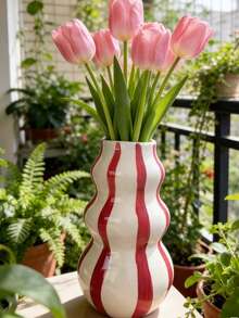 极简手绘条纹陶瓷花瓶，桌面水培花瓶，高灵敏度橙色、黄色、绿色、蓝色、粉色和黑色可选 - 彩色 - 查看 7