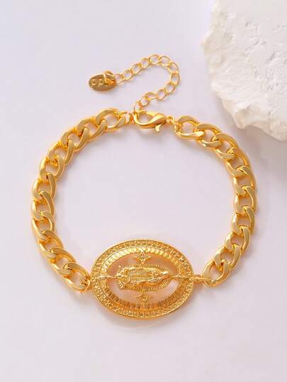 Vòng tay nam kiểu cổ điển hình Đức Mẹ Đồng Trinh, dây xích dày mạ vàng, thiết kế cá nhân hóa, phong cách thời trang .