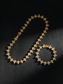 Fully Rhinestone Cross Pendant Necklace - Metal Chain Hiphop Necklace, Luxury Fashion Personalized Accessory - Gold - View 7