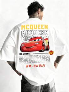 Disney-Car Mobilization Lightning McQueen MCQUEEN Printed T-Shirt Double Sided Cartoon Racing Short Sleeve Men's And Women's Couple's Loose Round Neck Top - trắng - Xem 1