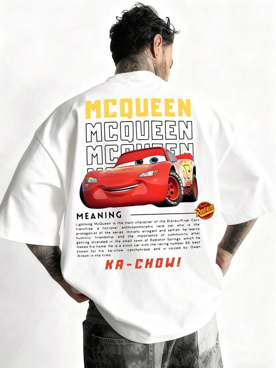 Disney-Car Mobilization Lightning McQueen MCQUEEN Printed T-Shirt Double Sided Cartoon Racing Short Sleeve Men's And Women's Couple's Loose Round Neck Top - trắng - Xem 1