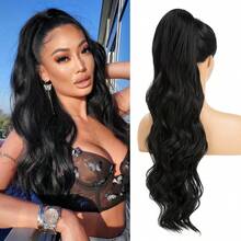 28英寸抽绳马尾假发 - 耐热长款蓬松波浪卷发女士合成假发，适合日常佩戴和节日派对 - 彩色 - 查看 5