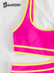 2026 性感优雅比基尼泳衣，粉色尼龙上衣，黄色滚边，圆领宽肩带休闲上衣，高腰泳裤，舒适休闲可爱泳装，适合海滩度假、泳池派对、情人节、嘉年华等场合，性感优雅的装扮，关注店铺 - 彩色 - 查看 4