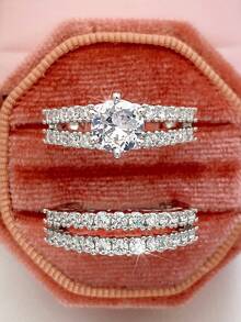 2 Pcs/Set Fashion Cubic Zirconia Ring For Women For Wedding Engagement Anniversary Party Jewelry Valentine's Day Gift - 1# - View 4