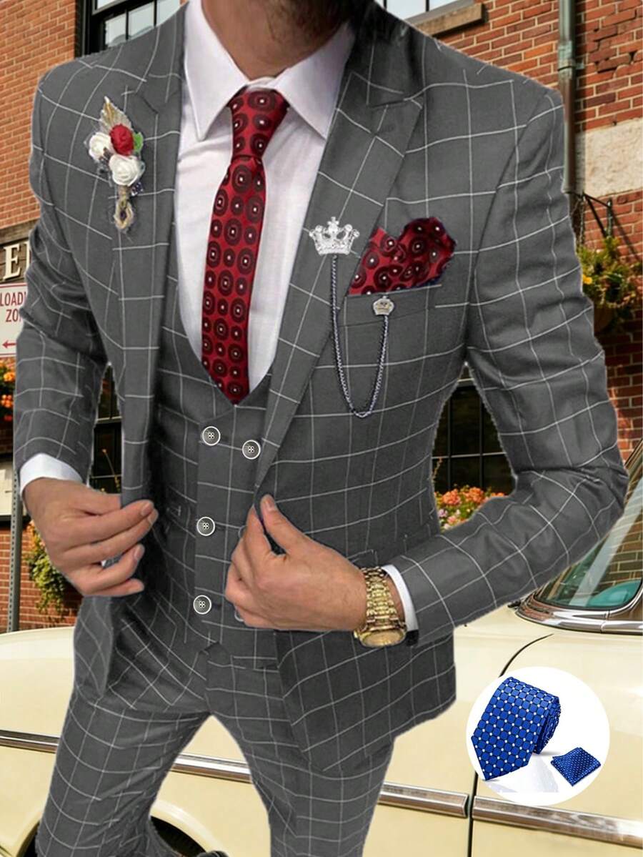 Mens Suit 4 Piece Suit Plaid Double Breasted Formal Business Wedding Prom Suit Male Groom, Blazer+Vest+Pant - Grey with Tie - 查看 1