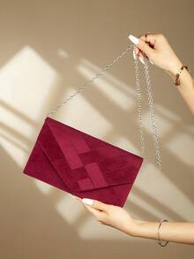Fashionable Velvet Trim Evening Clutch, Envelope Shoulder Bag - Burgundy - View 4