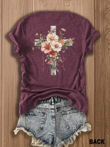 Jesus Flower Cross Double-Sided Printed T-Shirt-Fashion Belief Design Is Suitable For Casual Wear, Very Suitable For Christian Women, Fashionable And Comfortable Cotton Blended T-Shirt, Double-Sided Printed Flowers. - 玫紅色 - 查看 3