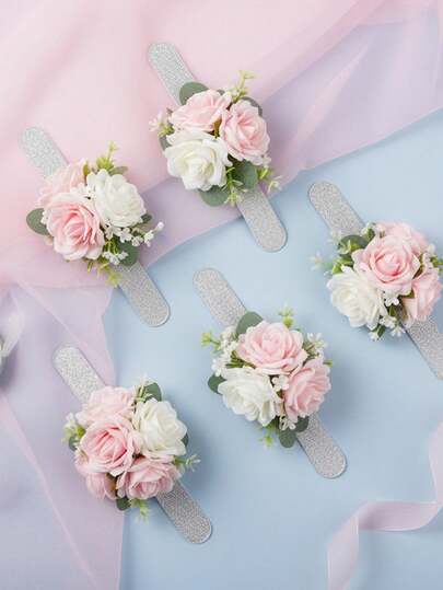 6件套腕花环手链，带亚克力底座，婚礼、伴娘、派对花卉手链，1件/3件/6件装