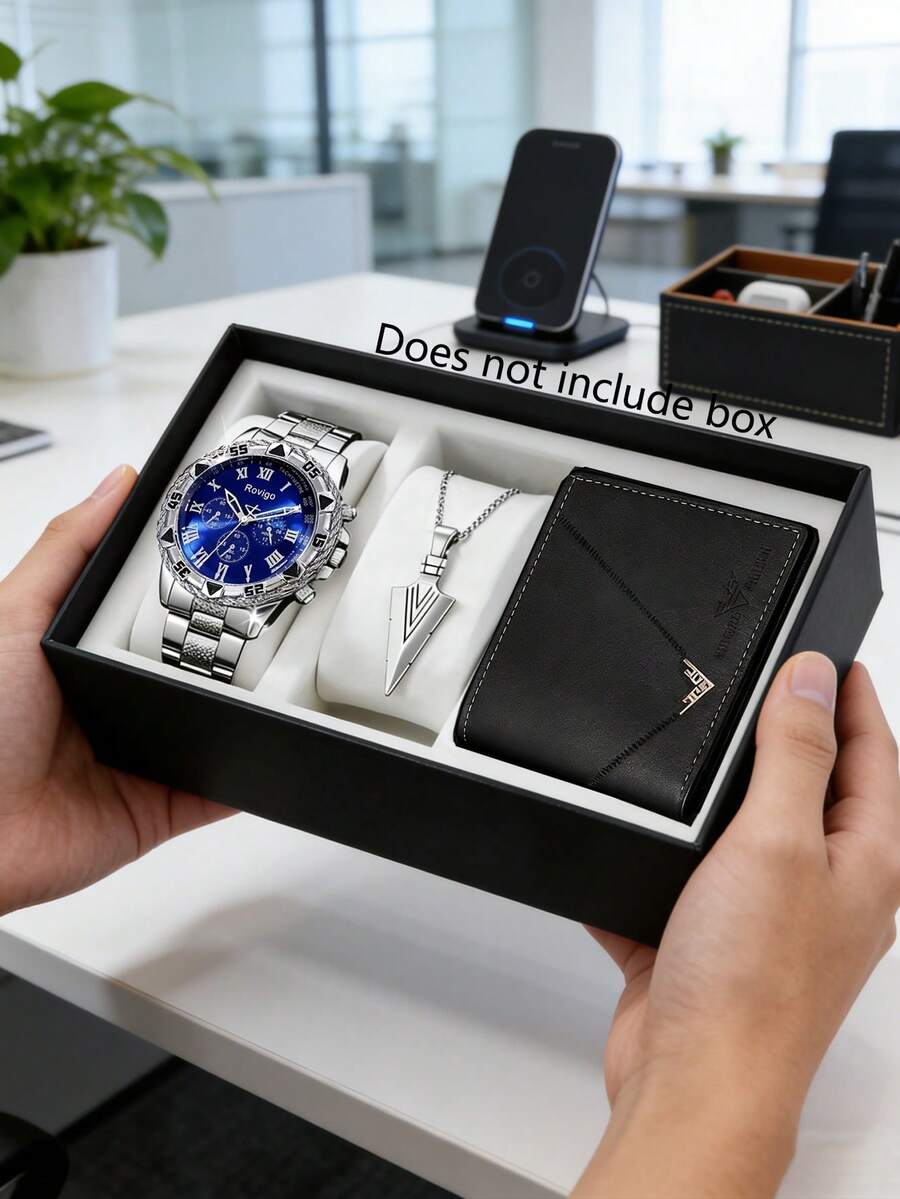 3PCS Luxury Business Men's Silver Watch Set, A Men's Quartz Watch Combination, Includes A Multifunctional Roman Numeral Quartz Watch, A Geometric Arrow Silver Necklace, And A Black Embossed PU Leather Wallet. - Silver - View 1