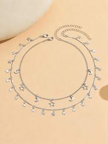 2 Stück/Set Stern & Mond Quaste Anhänger Halskette, modische zweischichtige Choker Halskette, handgefertigte verstellbare Länge Halskette geeignet für den täglichen Gebrauch, Dates und Fotoshootings - Silber - Übersicht 2