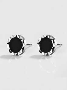 1 Pair S925 Sterling Silver Asymmetrical Black Stud Earrings, Minimalist Versatile Fashion Earrings For Men & Women, Unique Luxury Gift - Round - View 7