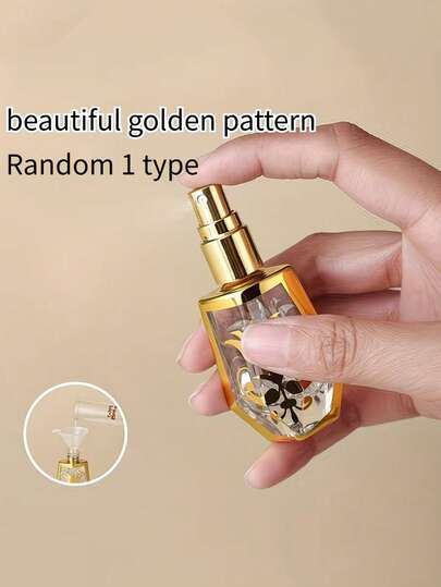 2 piezas de 10 ml Botellas de vidrio con patrón dorado con embudo - Botellas de spray recargables y reutilizables para fragancias y cuidado de la piel - Tamaño de viaje, botellas de muestra de lujo, contenedores de fragancia portátiles, atomizadores de esencia elegantes, vaporizadores de niebla fina