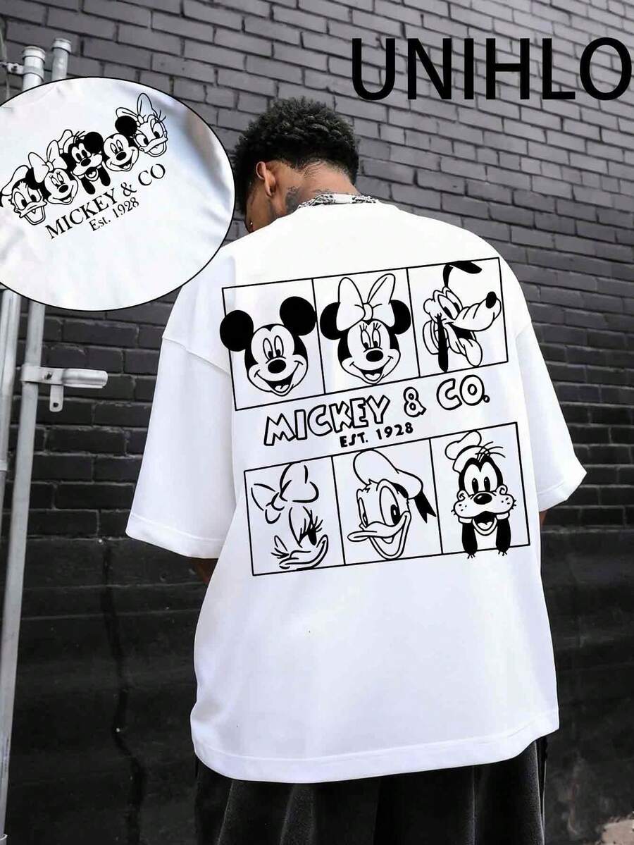 Disney UNIHLO Street Life Men's Casual Loose  Valentine's Day Love  Cartoon  Print Short Sleeve T-ShirtSummer - 白色 - 查看 1