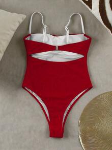 Bộ áo liền quần gợi cảm màu đỏ tương phản, co giãn tốt, thích hợp cho nữ, kiểu dáng thường ngày đi biển, dự tiệc. - Đỏ - Xem 6