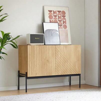 Sideboard With 2 Türen And Metallbeinen, Buffet, Kommode Mit Linien-Design, Mass: H 75 Cm / B 100 Cm / T 40 Cm