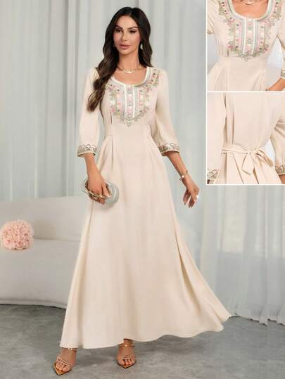Women's Elegant Apricot Kaftan Style Long Dress - Long Sleeve, Embroidered Floral Applique, Waist Tie Belt, Effortlessly Showcase Daily Elegance And Timeless Middle Eastern Charm Arabian Robe