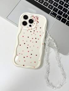 1pc Milky White Ombre Heart Pattern Soft Shockproof Full Coverage Phone Case With Pearl Butterfly Lanyard, Suitable For IPhone17/16/15/14/13/12/11Pro/Pro Max/Plus, Sweet Girl Style - Multicolor - View 5