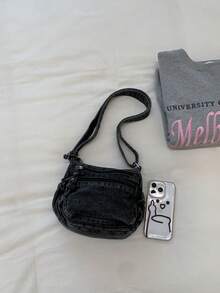 时尚休闲斜挎包，水洗牛仔布面料，复古简约单肩包，纯色户外运动通勤包，迷你简约手提包，适合购物、旅行等场合。 - 黑色 - 查看 3