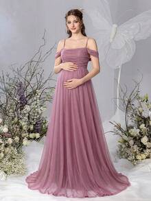 Faeriesty Dressalisa 优雅露肩露背婴儿派对礼服，后背系带可调节，A字廓形飘逸——完美适用于婴儿派对、正式活动、婚礼招待会、盛大晚宴和孕妇写真拍摄。春季 - 藕粉色 - 查看 7