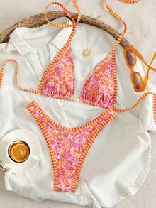 PEPPERMOLLY Bộ bikini in hoa màu cam và hồng rực rỡ - Bộ đồ bơi 2 mảnh dành cho nữ với viền sọc và điểm nhấn màu vàng, hoàn hảo cho kỳ nghỉ biển nhiệt đới và bơi lội mùa hè. - màu cam hồng - Xem 2