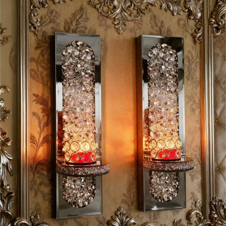 2pcs Candle Wall Lamps, 2 Small Gold Candlesticks As A Gift, Gorgeous Silver Mirrored Wall Lamps For Home Use, Suitable For Living Rooms And Dining Rooms, Glass Candlestick Wall Decorations, Ideal For Easter Decorations, Mother's Day Decorations, And Party Atmosphere Lighting - 定制滿鑽銀 - 查看 1
