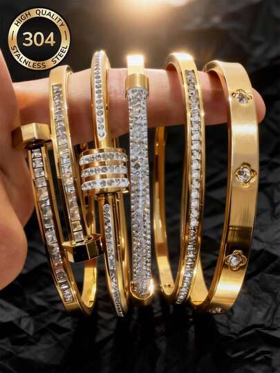Znice 2026 New 18K Gold Plated Stainless Steel Sparkling Floral Rhinestone Bracelet Set, Fashionable Waterproof Tarnish Resistant, Christmas/Valentine's Day Gift For Parents, Daughter, Son
