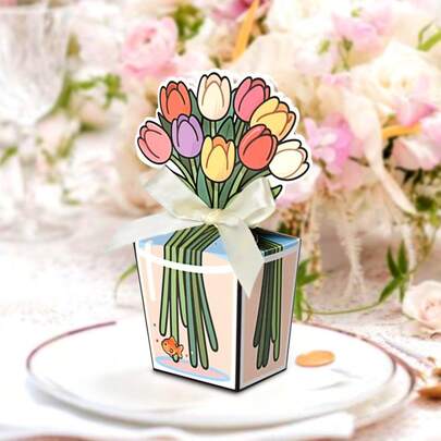 20pcs/10pcs Creative Romantic Tulip Flower Gift Box With White Bow And Blue/Black Border, High-Quality Colorful Paper For Birthday, Wedding, Anniversary, Party, Comes With Ribbon Floral Decor, Elegant Packaging Box, Suitable For Mother's Day, Teacher's Day, Father's Day, Thanksgiving, Birthday Party