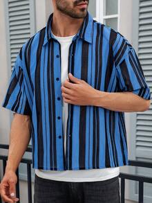 Men's Single-Breasted Casual Commuter Striped Short Sleeve Shirt - Blue - View 1