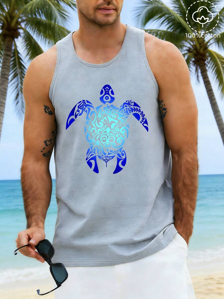 singbulk Men's Cotton Comfy Sleeveless With Sea Turtle Print Casual Tank Tops - 灰色 - 查看 1