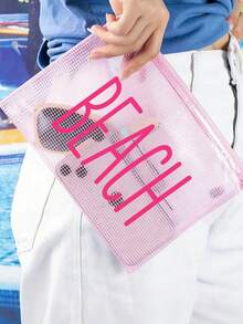 Multi-Color Waterproof Fashion Mesh Fabric Beach Bag, Make Up Bag With Color "Beach"Printing, Beach Theme. Large Capacity Transparent Cosmetic Bag, Toiletry Bag With Nylon Zipper - Lightweight, Storing Sunscreen, Snacks, Bikinis, And Beach Essentials. Spring And Summer Storage, Durable, Very Suitable For Swimming - MultiWarna - View 4