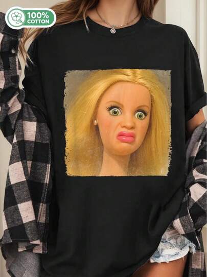 T-shirt drôle avec le visage d'une poupée, jeu de mots hilarant sur le visage de poupée, 220g