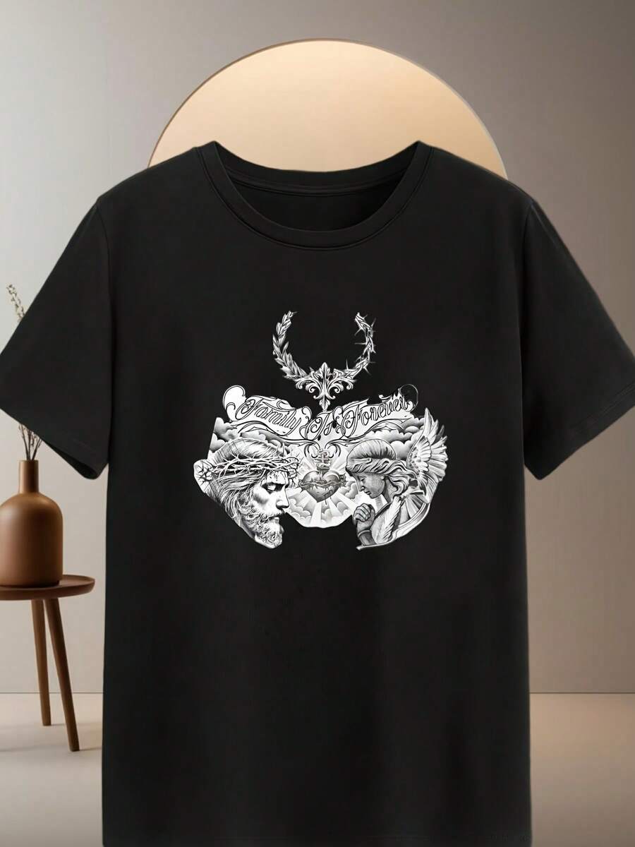 Neutral Black T-Shirt, 220g, 100% Cotton, "Family Is Forever" Pattern, Casual & Personality Show - Negro - Ver 1