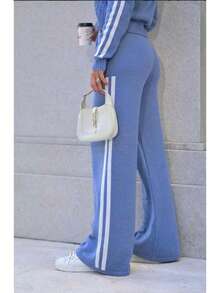 Women's Elegant Knit Set: Lined Wide-Leg Pants, Braided Striped Blouse, Aerolook Fashion Brand, Autumn/Winter, Cold Weather, Comfortable, Sporty, Casual, Knit, Knot, Vacation, Beach, Winter - 紅木色 - 查看 4