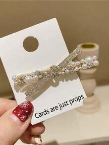 1个奢华仿珍珠交叉蝴蝶结发夹，新款仿珍珠侧夹刘海夹，甜美少女发饰爪夹发卡，学生用品，优雅，学院风，仿珍珠发饰，女士冬季穿搭，蝴蝶结，可爱，头饰，发夹 - 白色 - 查看 7