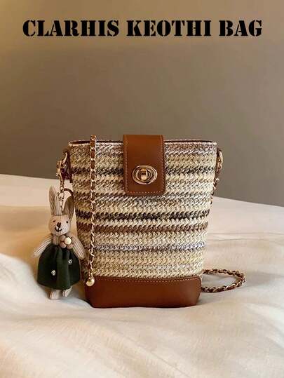 Moonlight Jacquard Bucket Bag For Women, Woven Bag With Delicate Chain For Shoulder Or Crossbody, Small Bag Available In Multiple Colors. Features A Clasp Closure, Top Shoulder Chain Strap, And Interior Space For Lipstick, Keys, Water Bottle, And Other Items. Suitable For Women To Carry To Events Or Daily Occasions.