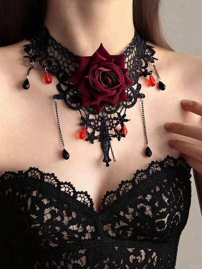 Women's Black Lace Collar, Gothic Red Flower Necklace With Red Roses, Retro Black Vampire Collar Halloween Necklace, Witch Costume Accessory, Suitable For Gothic Themed Events, Halloween Parties, Role-Playing Or Dramatic Evening Wear. This Red Collar Necklace Can Easily Match With Goose Down Dresses, Tight Corsets Or Leather Jackets. Whether You Dress Up As A Vampire, Noble Victorian Style, Or Modern Gothic Style, It Can Enhance Your Clothing Or Daily Dark Fashion