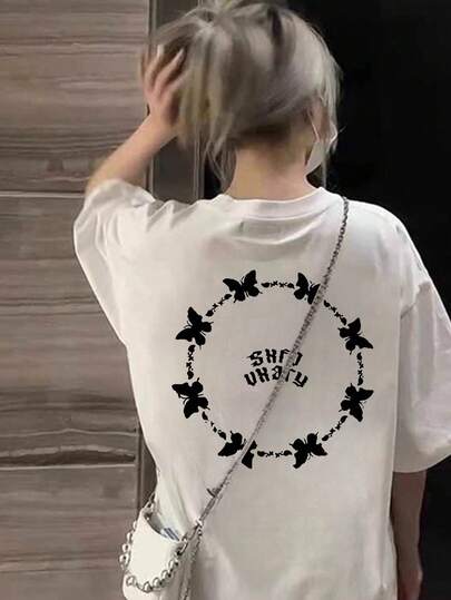 日系女式宽松圆领短袖字母蝴蝶印花T恤，夏季