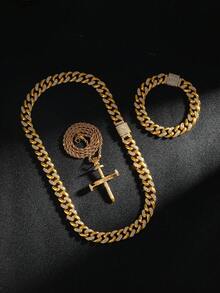 Nail Cross Pendant Iced Out Hiphop Polished Rhinestone Necklace - Gold - View 8