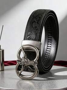 男士时尚重金属合金自动扣皮带，牛头图案皮带扣，高品质PU皮革，压印凤凰尾纹图案，适合日常佩戴，朋克休闲风，理想礼物 - 彩色 - 查看 10