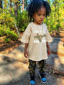 1件婴儿/幼儿男童创意卡通图案字母标语印花基本款圆领短袖T恤，休闲时尚 - 杏色 - 查看 6