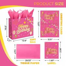 13" Black Birthday Gift Bag With Tissue Paper And Greeting Card, Happy Birthday Gift Bags For Party, Hot Foil Stamping Design Gift Wrap Bags Decor For Men, Women And Kids, 1 PCS, Medium Size - Dập nổi màu hồng - Xem 2